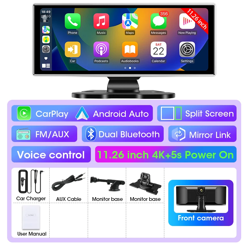 10/11.26 inch Dash Cam 4K Car DVR Wireless Carplay & Android Auto GPS Navigation Video Recorder Dashboard Dual Lens Wifi FM AUX - Image 8