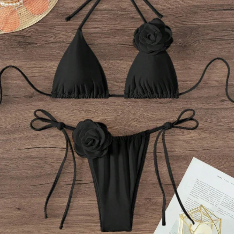 S - L Sexy 3D Flowers Halter Strappy Bikini Women Swimwear Female Swimsuit Two-pieces Bikini Set Bather Bathing Suit Swim من التحرير الجماعيمقاسات من S إلى L، بيكيني مثير ثلاثي الأبعاد مزين بالزهور، بتصميم هالتر وحمالات، ملابس سباحة نسائية، طقم بيكيني من قطعتين، ملابس سباحة - Image 2