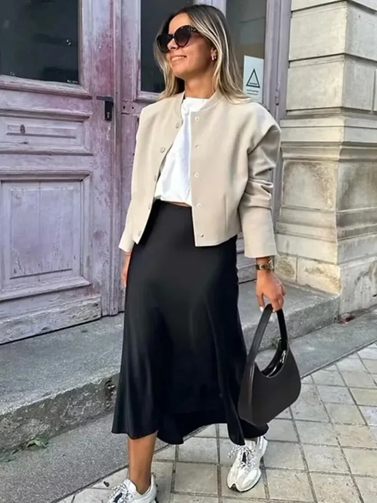 Willshela 2024 Black Satin Skirt Woman High Waist Elegant Long Skirts For Women Fashion Summer Midi Skirt Office Womens Skirts من قسم التحرير الجماعيتنورة ويلشيلا 2024 سوداء من الساتان، تنورة طويلة أنيقة بخصر عالٍ للنساء، تنورة ميدي صيفية عصرية للنساء، تنانير نسائية للعمل - Image 2