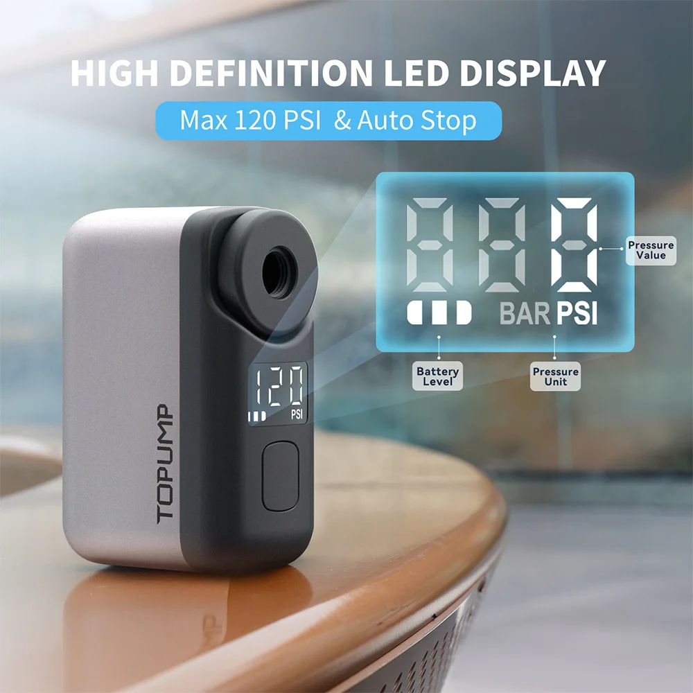 TOPUMP TB2 PRO Mini Portable Electric Pump for Bike Cordless Tire Inflator 120PSI Max 450mAh Battery with Screen Fast Shipping من قسم التحرير الجماعيمضخة هواء كهربائية صغيرة محمولة للدراجات من توبامب TB2 برو، لاسلكية، لنفخ إطارات الدراجات، ضغط هواء يصل إلى 120 رطل لكل بوصة مربعة، بطارية 450 مللي أمبير مع شاشة وشحن سريع - Image 4
