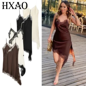 HXAO فساتين نسائية دانتيل غير متماثلة فستان صيفي 2025 فساتين سهرة مثيرة فساتين قصيرة بنية بدون أكمام مكشوفة الظهر من التحرير الجماعيفساتين نسائية من HXAO، فستان دانتيل غير متماثل، فستان سهرة صيفي مثير 2025، فساتين قصيرة بنية بدون أكمام مكشوفة الظهر