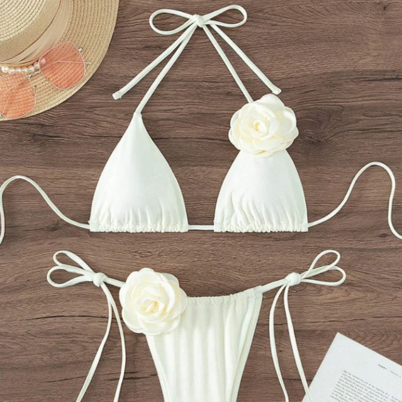 S - L Sexy 3D Flowers Halter Strappy Bikini Women Swimwear Female Swimsuit Two-pieces Bikini Set Bather Bathing Suit Swim من التحرير الجماعيمقاسات من S إلى L، بيكيني مثير ثلاثي الأبعاد مزين بالزهور، بتصميم هالتر وحمالات، ملابس سباحة نسائية، طقم بيكيني من قطعتين، ملابس سباحة - Image 6