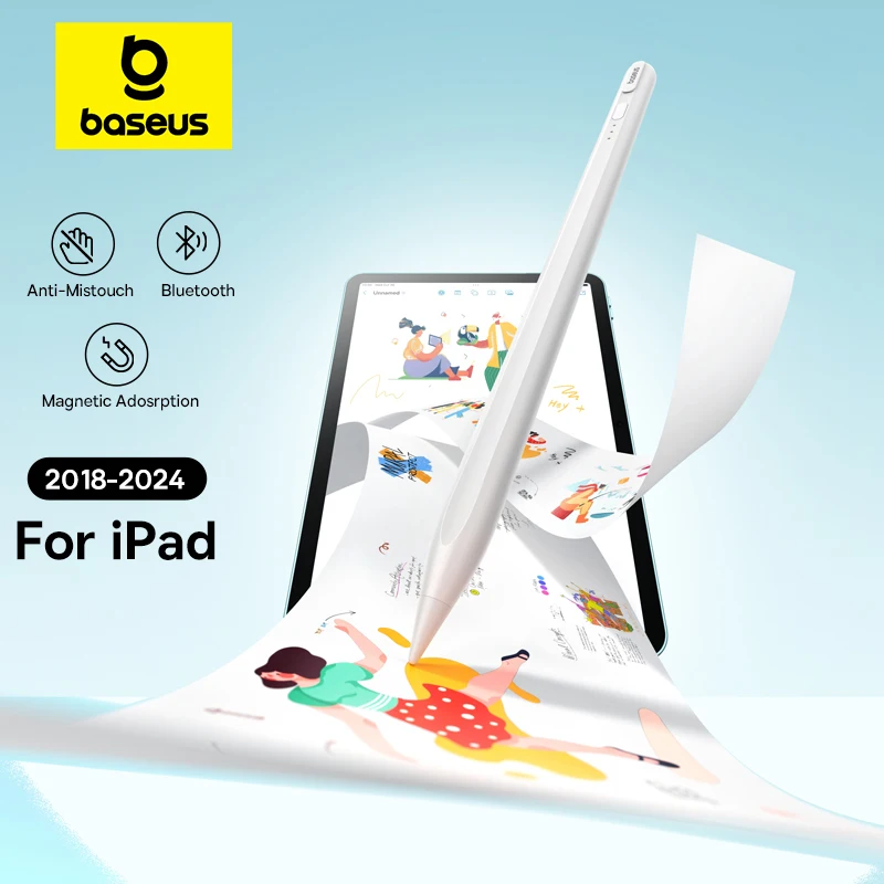 Baseus 3rd Gen Bluetooth Stylus for Apple Pencil Palm Rejection Compatible with iPad pro Mini Air 2024 2022-2018 for Apple Pen من التحرير الجماعيقلم Baseus من الجيل الثالث بتقنية بلوتوث، متوافق مع قلم Apple Pencil، مع خاصية رفض راحة اليد، متوافق مع iPad Pro وMini وAir (2024، 2022، 2018) وقلم Apple Pencil.