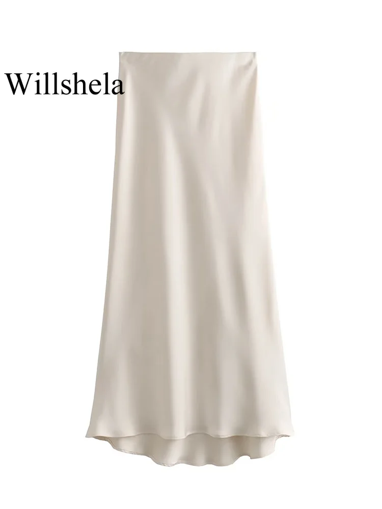 Willshela 2024 Black Satin Skirt Woman High Waist Elegant Long Skirts For Women Fashion Summer Midi Skirt Office Womens Skirts من قسم التحرير الجماعيتنورة ويلشيلا 2024 سوداء من الساتان، تنورة طويلة أنيقة بخصر عالٍ للنساء، تنورة ميدي صيفية عصرية للنساء، تنانير نسائية للعمل - Image 5