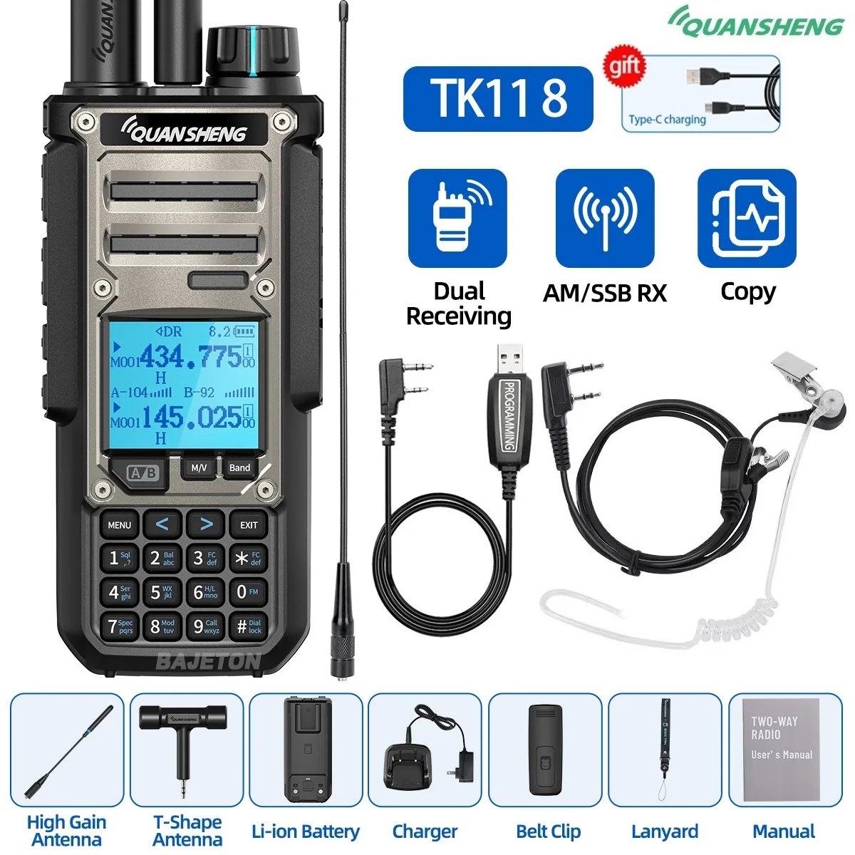 Quansheng TK11 8 Walkie Talkie Ham Radio 10W Dual Receiving PTT 27MHz CB CW LSB LW MW SW Type-C Charger NOAA for UV-K5 8 TK-11 5 من التحرير الجماعيجهاز لاسلكي هواة Quansheng TK11 8، بقدرة 10 واط، استقبال مزدوج، زر إرسال/تحدث، بتردد 27 ميجاهرتز، يدعم أنماط CB وCW وLSB وLW وMW وSW، مزود بشاحن من النوع C، متوافق مع NOAA لكاميرا UV-K5 8 TK-11 5 - Image 7