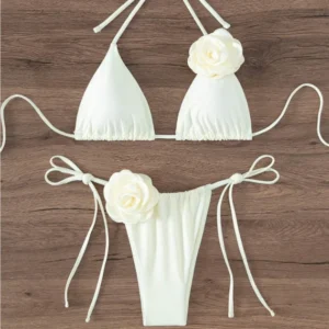 S - L Sexy 3D Flowers Halter Strappy Bikini Women Swimwear Female Swimsuit Two-pieces Bikini Set Bather Bathing Suit Swim من التحرير الجماعيمقاسات من S إلى L، بيكيني مثير ثلاثي الأبعاد مزين بالزهور، بتصميم هالتر وحمالات، ملابس سباحة نسائية، طقم بيكيني من قطعتين، ملابس سباحة