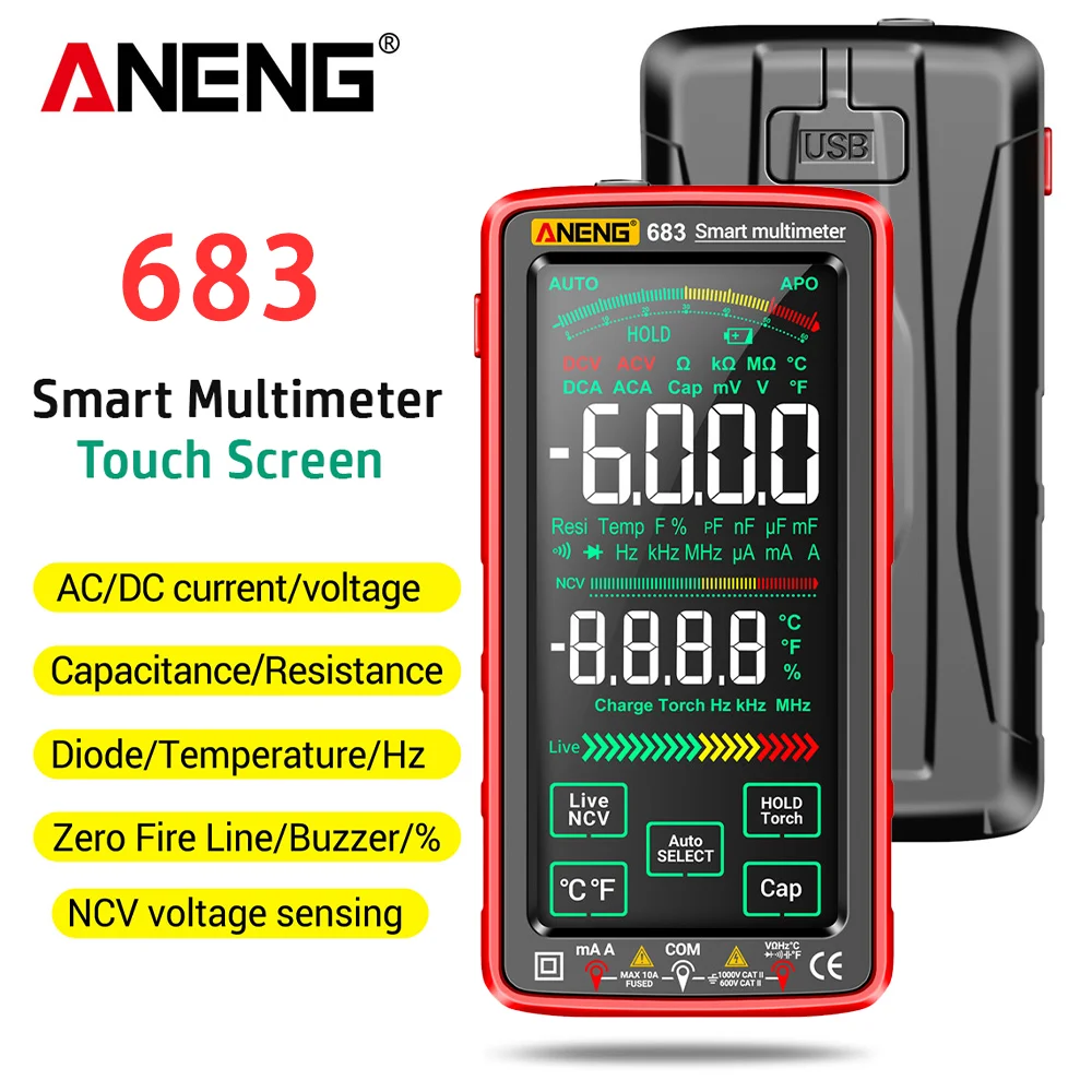 ANENG 683 Smart Multimeter Rechargeable High-end Touch 6000 Counts Multimetro Test Multitester AC/DC Voltage Tester Current Tool من التحرير الجماعيجهاز قياس متعدد ذكي ANENG 683 قابل لإعادة الشحن، عالي الجودة، يعمل باللمس، بسعة 6000 عد، جهاز اختبار متعدد الوظائف، جهاز اختبار جهد التيار المتردد/المستمر، أداة قياس التيار