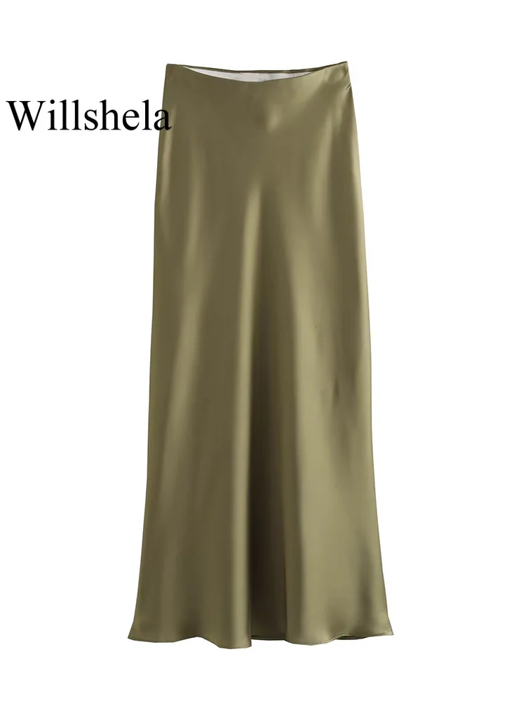 Willshela 2024 Black Satin Skirt Woman High Waist Elegant Long Skirts For Women Fashion Summer Midi Skirt Office Womens Skirts من قسم التحرير الجماعيتنورة ويلشيلا 2024 سوداء من الساتان، تنورة طويلة أنيقة بخصر عالٍ للنساء، تنورة ميدي صيفية عصرية للنساء، تنانير نسائية للعمل - Image 6