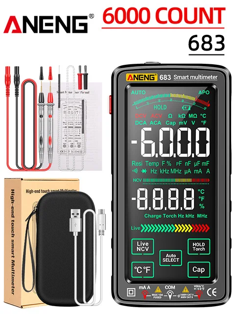 ANENG 683 Smart Multimeter Rechargeable High-end Touch 6000 Counts Multimetro Test Multitester AC/DC Voltage Tester Current Tool من التحرير الجماعيجهاز قياس متعدد ذكي ANENG 683 قابل لإعادة الشحن، عالي الجودة، يعمل باللمس، بسعة 6000 عد، جهاز اختبار متعدد الوظائف، جهاز اختبار جهد التيار المتردد/المستمر، أداة قياس التيار - Image 8