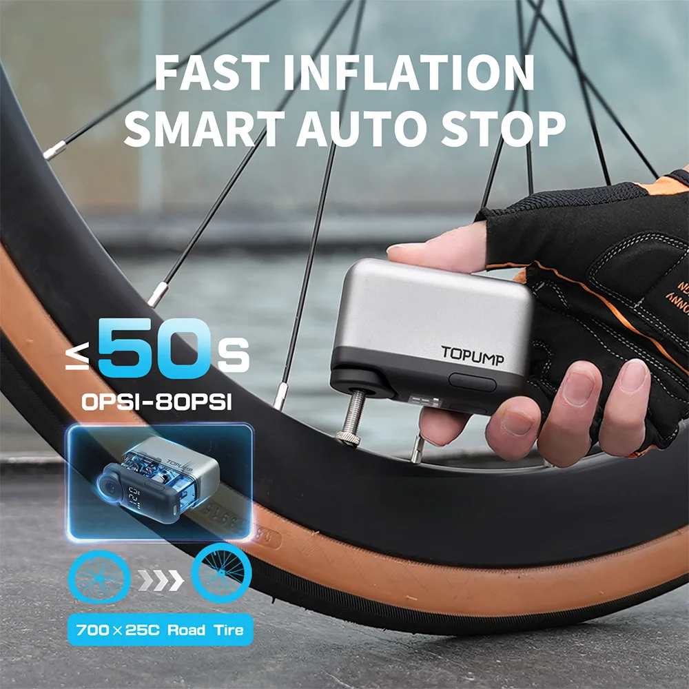 TOPUMP TB2 PRO Mini Portable Electric Pump for Bike Cordless Tire Inflator 120PSI Max 450mAh Battery with Screen Fast Shipping من قسم التحرير الجماعيمضخة هواء كهربائية صغيرة محمولة للدراجات من توبامب TB2 برو، لاسلكية، لنفخ إطارات الدراجات، ضغط هواء يصل إلى 120 رطل لكل بوصة مربعة، بطارية 450 مللي أمبير مع شاشة وشحن سريع - Image 5