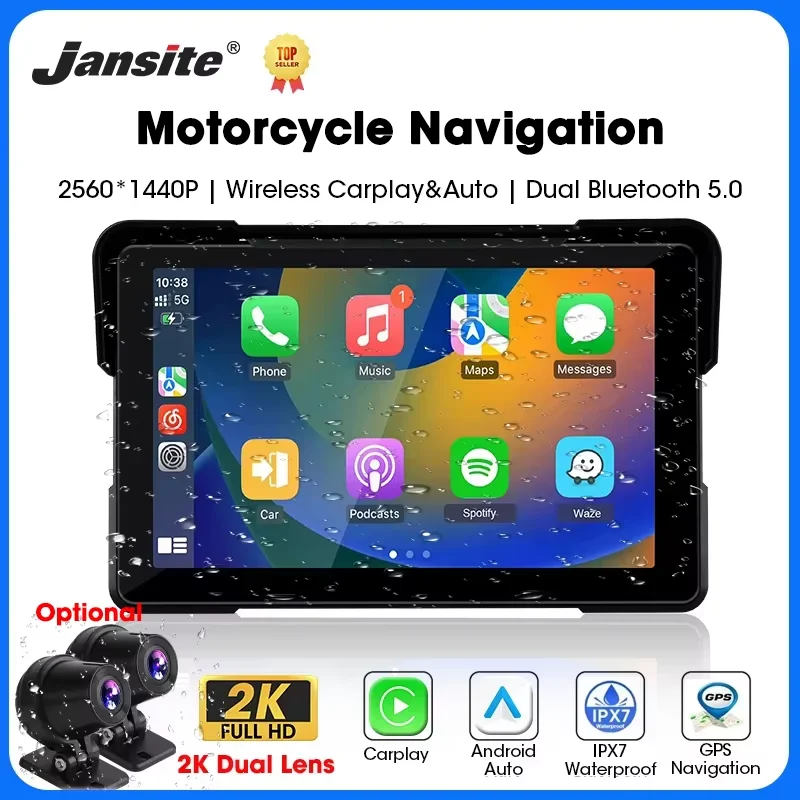 Jansite 5/7 inch Carplay Motorcycle DVR Navigation GPS Wireless CarPlay Android Auto IPX7 Display Screen Portable Moto Monitor من التحرير الجماعيشاشة عرض محمولة للدراجات النارية من Jansite مقاس 5/7 بوصة، تدعم CarPlay وAndroid Auto، مزودة بنظام ملاحة GPS لاسلكي، وتقنية IPX7، وشاشة عرض لاسلكية، وشاشة مراقبة للدراجات النارية.