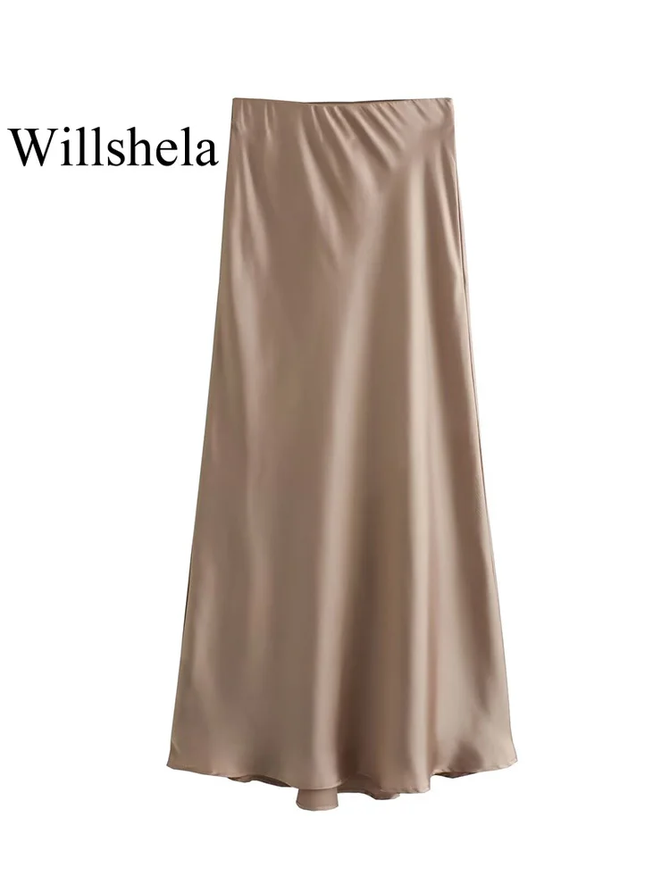Willshela 2024 Black Satin Skirt Woman High Waist Elegant Long Skirts For Women Fashion Summer Midi Skirt Office Womens Skirts من قسم التحرير الجماعيتنورة ويلشيلا 2024 سوداء من الساتان، تنورة طويلة أنيقة بخصر عالٍ للنساء، تنورة ميدي صيفية عصرية للنساء، تنانير نسائية للعمل - Image 4