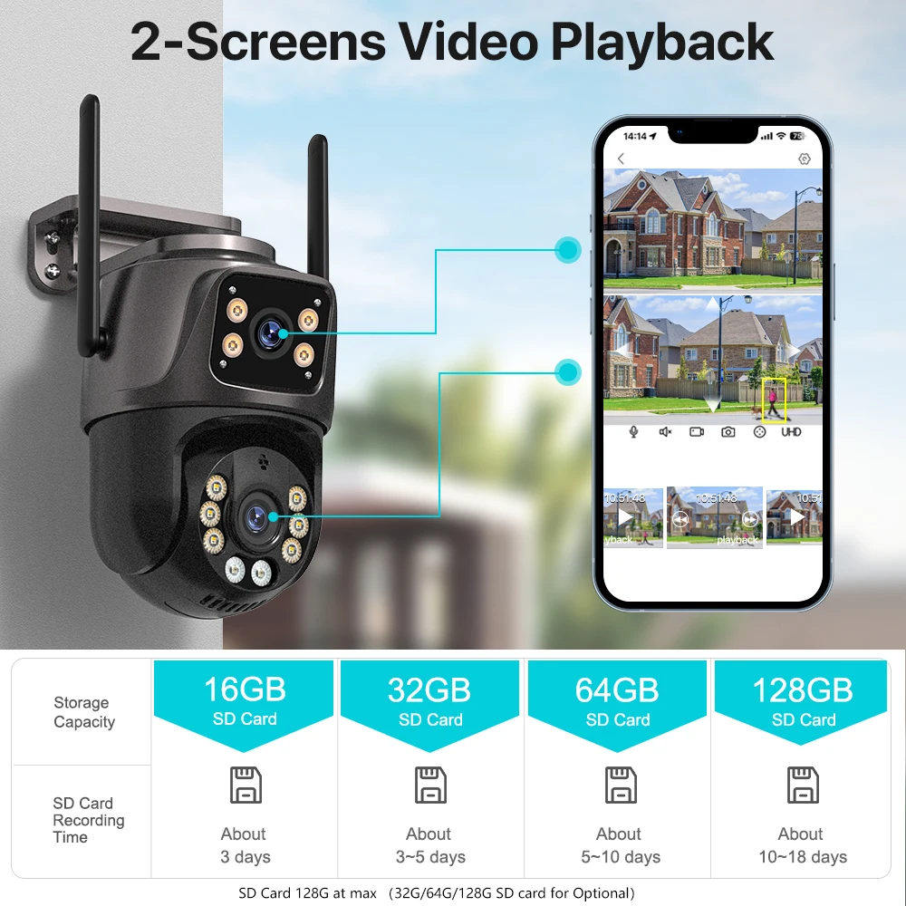 كاميرا 4K 8MP HD Wifi PTZ الخارجية ذات العدسة المزدوجة 4MP والشاشة المزدوجة والتتبع التلقائي بتقنية الذكاء الاصطناعي وكاميرا IP للمراقبة الصوتية والمرئية بتقنية P2P iCSee من التحرير الجماعيكاميرا PTZ خارجية بدقة 4K و8 ميجابكسل عالية الوضوح، مزودة بتقنية واي فاي، وعدسة مزدوجة بدقة 4 ميجابكسل، وشاشة مزدوجة، وتتبع تلقائي بتقنية الذكاء الاصطناعي، وكاميرا IP، ونظام مراقبة صوت وفيديو CCTV، وتقنية P2P iCSee - Image 6