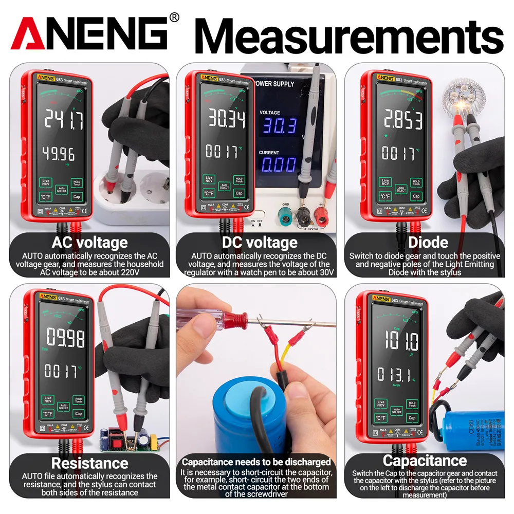 ANENG 683 Smart Multimeter Rechargeable High-end Touch 6000 Counts Multimetro Test Multitester AC/DC Voltage Tester Current Tool من التحرير الجماعيجهاز قياس متعدد ذكي ANENG 683 قابل لإعادة الشحن، عالي الجودة، يعمل باللمس، بسعة 6000 عد، جهاز اختبار متعدد الوظائف، جهاز اختبار جهد التيار المتردد/المستمر، أداة قياس التيار - Image 4
